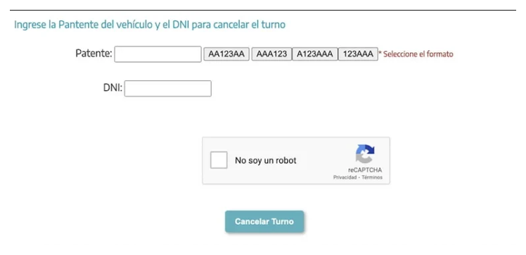 Pantalla para cancelar el turno de la VTV en Moreno con patente y DNI