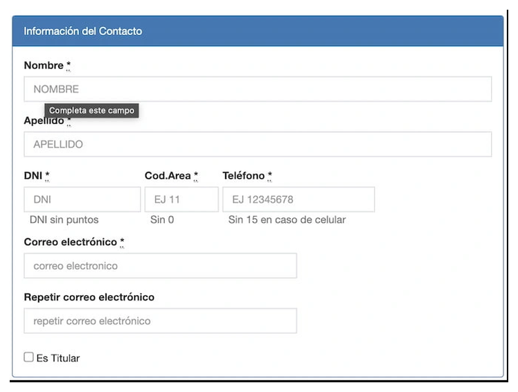 Paso 2 para sacar turno de la VTV en Moreno: información del contacto